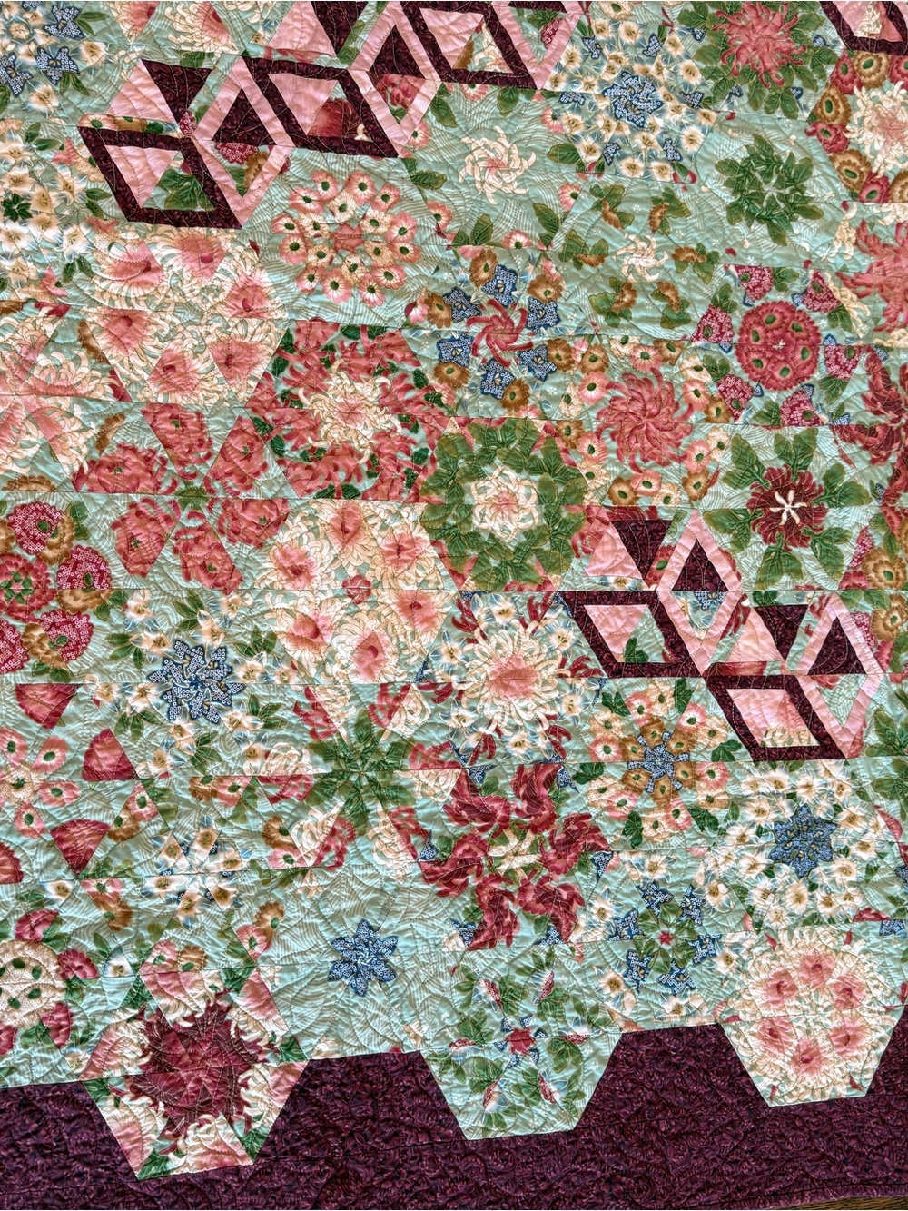 Handmade Floral Hexagon Quilt - Burgundy Border, Multicolor Center - Picture 8 of 12